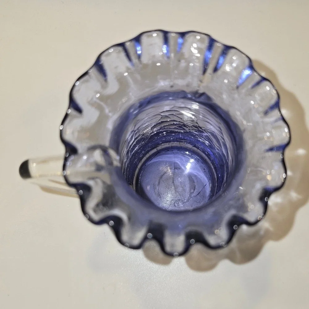 Vintage Purple Crackle Glass Pitcher‎ Ruffled Rim Clear Applied Handle 4 Inch